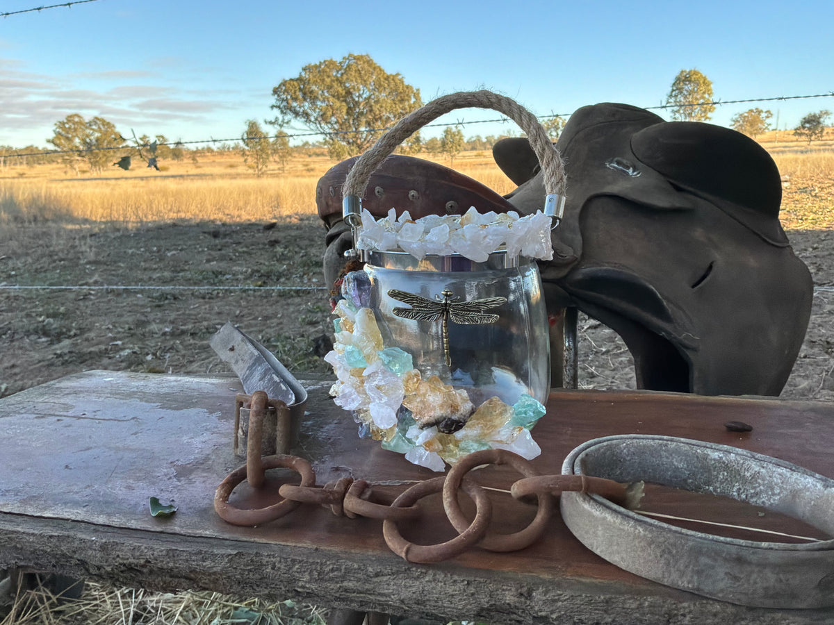 Rainbow Fluorite, Orange Calcite, Clear Quartz Sand Wax Candle/Vase