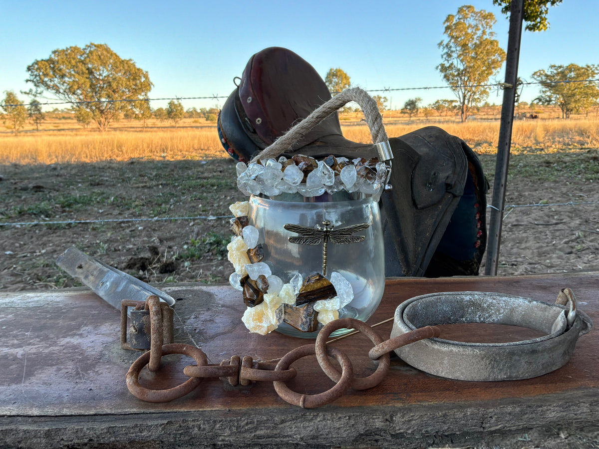 Tigers Eye, Orange Calcite and Clear Quartz Sand Wax Candle/Vase